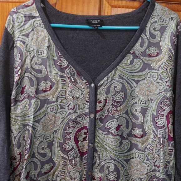 Talbots Gray Paisley Front Silk Panel Merino Wool Cardigan Sweater Large Classic - Picture 2 of 9